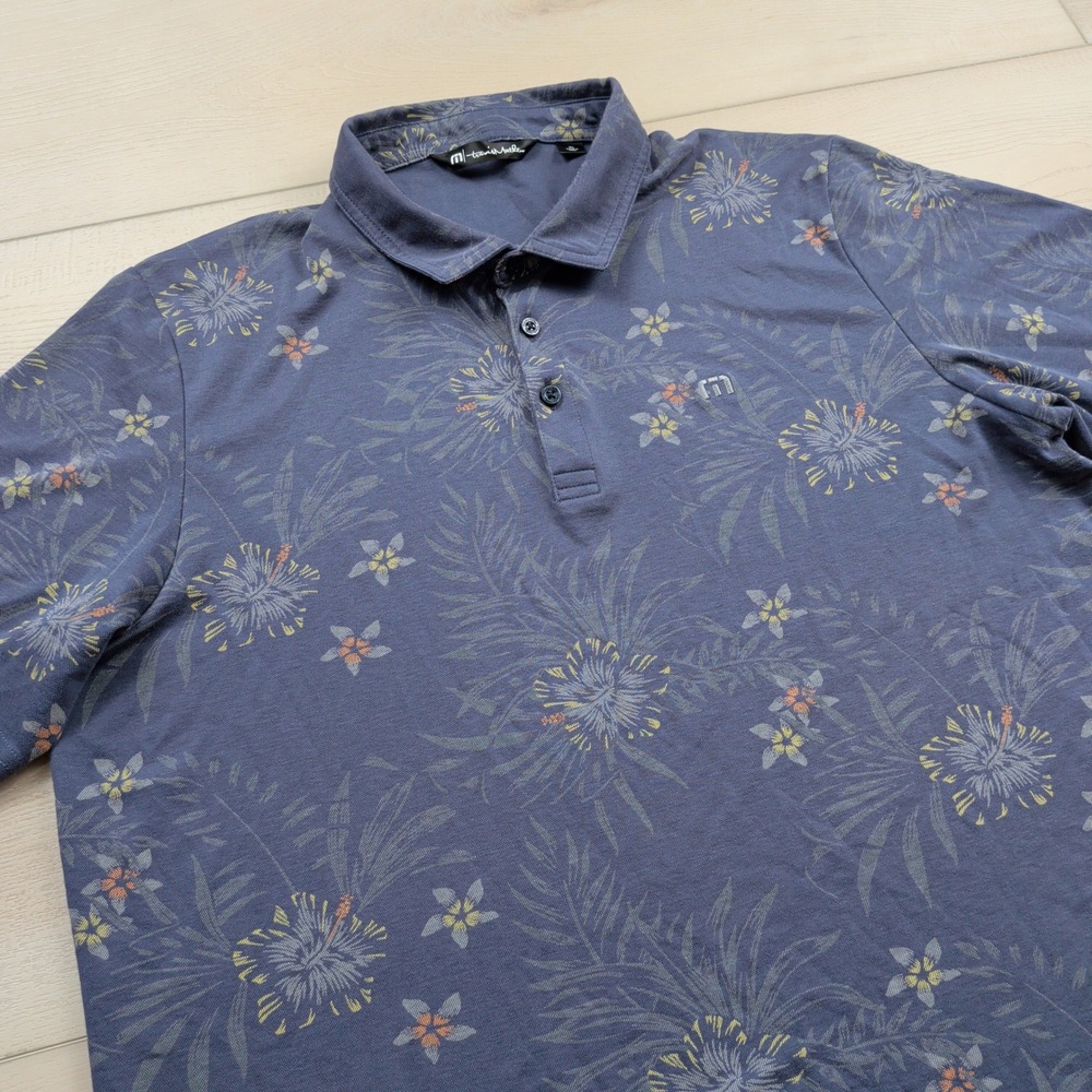 Travis Mathew Mens Calmer Waters Floral Tropical Polo Shirt Blue Pima Blend XL